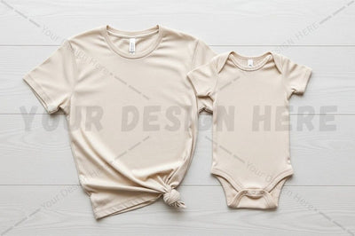 Beige t-shirt and onesie mockup design Mock Up Photo Regulrcrative 