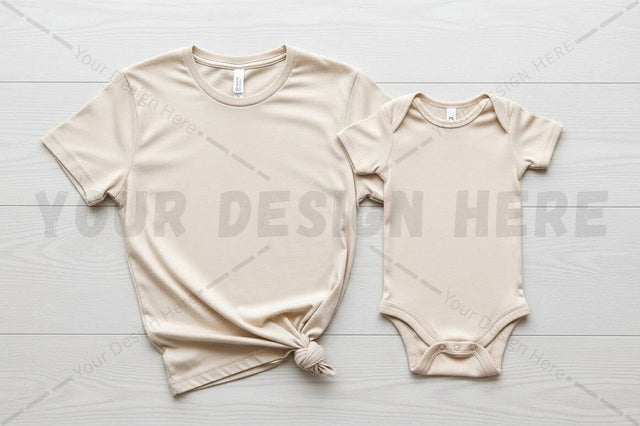 Beige t-shirt and onesie mockup design Mock Up Photo Regulrcrative 