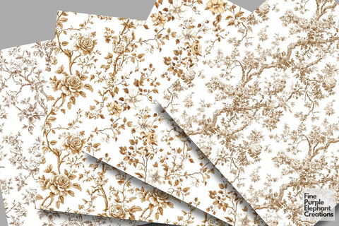 Beige Toile Elegance Digital Paper - Delicate Floral Garden Chinoiserie Digital Pattern Fine Purple Elephant Creations 