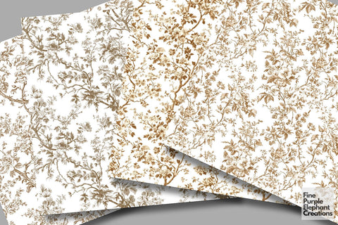 Beige Toile Elegance Digital Paper - Delicate Floral Garden Chinoiserie Digital Pattern Fine Purple Elephant Creations 