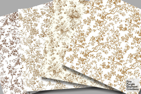 Beige Toile Elegance Digital Paper - Delicate Floral Garden Chinoiserie Digital Pattern Fine Purple Elephant Creations 