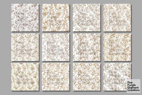 Beige Toile Elegance Digital Paper - Delicate Floral Garden Chinoiserie Digital Pattern Fine Purple Elephant Creations 