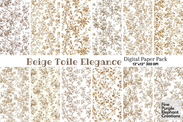 Beige Toile Elegance Digital Paper - Delicate Floral Garden Chinoiserie Digital Pattern Fine Purple Elephant Creations 