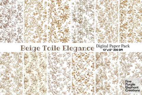 Beige Toile Elegance Digital Paper - Delicate Floral Garden Chinoiserie Digital Pattern Fine Purple Elephant Creations 
