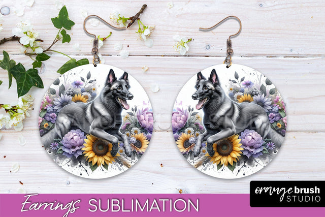 Belgian Malinois Earrings - Dog Mom Floral Round Earring Sublimation Sublimation OrangeBrushStudio 