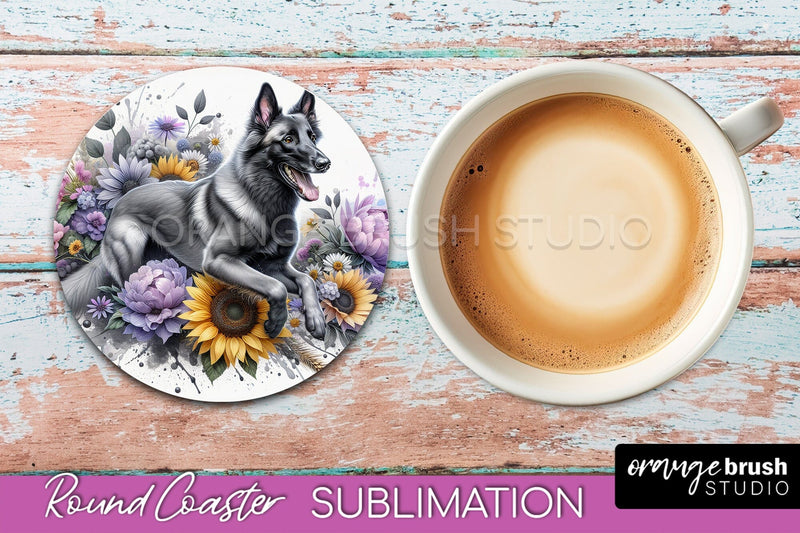 Belgian Malinois Round Coaster - Dog Mom Floral Coaster Sublimation Sublimation OrangeBrushStudio 