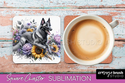 Belgian Malinois Square Coaster - Dog Mom Floral Coaster Sublimation Sublimation OrangeBrushStudio 