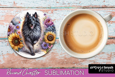 Belgian Tervuren Round Coaster - Dog Mom Floral Coaster Sublimation Sublimation OrangeBrushStudio 