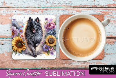 Belgian Tervuren Square Coaster - Dog Mom Floral Coaster Sublimation Sublimation OrangeBrushStudio 
