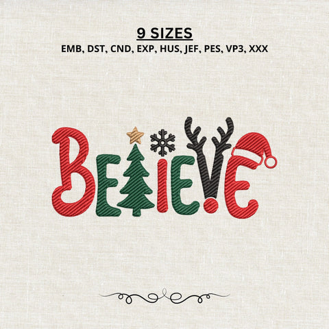 Believe Christmas Embroidery Design – Christmas Tree Reindeer Santa Hat Machine Embroidery File, Holiday Believe Design Embroidery/Applique DESIGNS PatternFeed8 