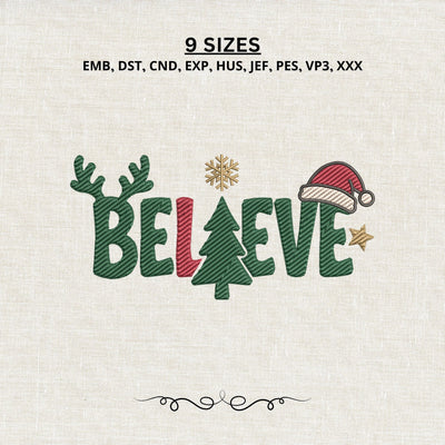Believe Christmas Embroidery Design – Christmas Tree Santa Hat Reindeer Machine Embroidery File, Holiday Shirt Design Embroidery/Applique DESIGNS PatternFeed8 