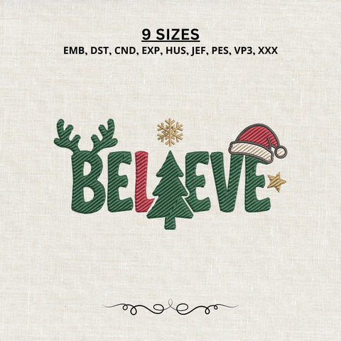 Believe Christmas Embroidery Design – Christmas Tree Santa Hat Reindeer Machine Embroidery File, Holiday Shirt Design Embroidery/Applique DESIGNS PatternFeed8 