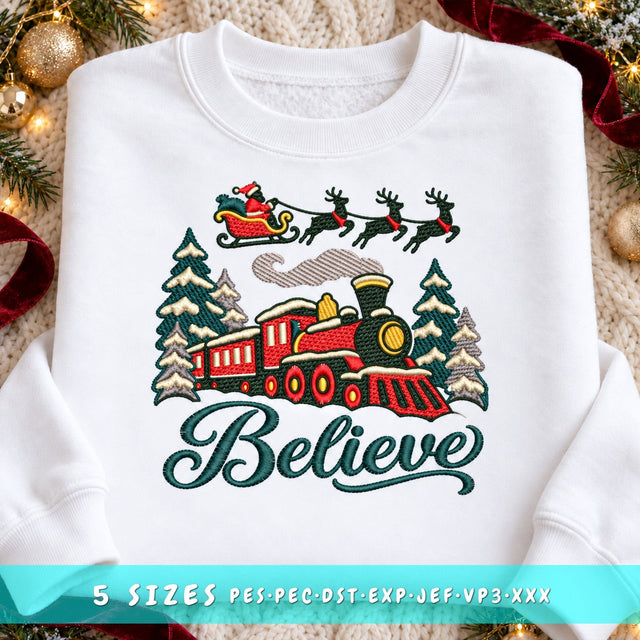 Believe Christmas Train Embroidery Design | Santa Sleigh and Reindeer | Holiday Machine Embroidery | 5 Sizes | PES DST JEF VP3 Embroidery/Applique DESIGNS HappyDesignStudio 