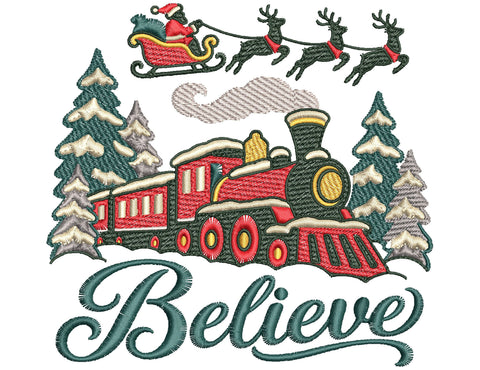 Believe Christmas Train Embroidery Design | Santa Sleigh and Reindeer | Holiday Machine Embroidery | 5 Sizes | PES DST JEF VP3 Embroidery/Applique DESIGNS HappyDesignStudio 