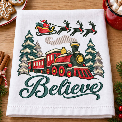 Believe Christmas Train Embroidery Design | Santa Sleigh and Reindeer | Holiday Machine Embroidery | 5 Sizes | PES DST JEF VP3 Embroidery/Applique DESIGNS HappyDesignStudio 