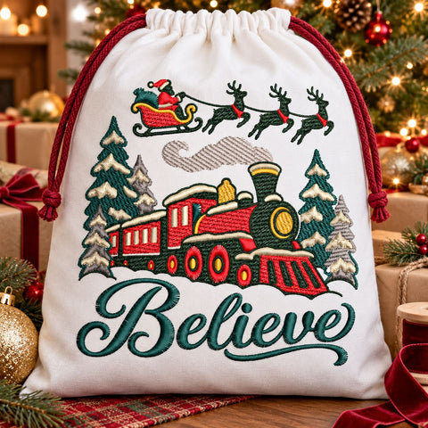 Believe Christmas Train Embroidery Design | Santa Sleigh and Reindeer | Holiday Machine Embroidery | 5 Sizes | PES DST JEF VP3 Embroidery/Applique DESIGNS HappyDesignStudio 