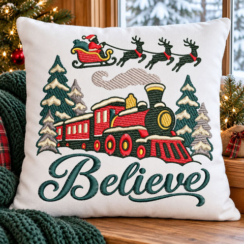 Believe Christmas Train Embroidery Design | Santa Sleigh and Reindeer | Holiday Machine Embroidery | 5 Sizes | PES DST JEF VP3 Embroidery/Applique DESIGNS HappyDesignStudio 