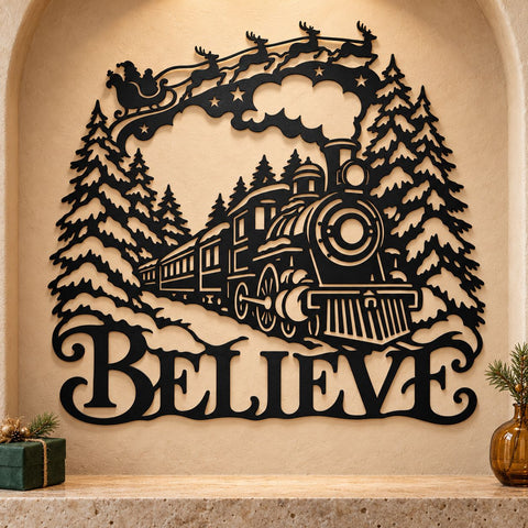 Believe Christmas Train Laser SVG | Santa Sleigh DXF | Winter Locomotive Metal Wall Art | Holiday Plasma CNC Cutting File SVG HappyDesignStudio 