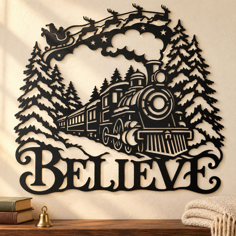 Believe Christmas Train Laser SVG | Santa Sleigh DXF | Winter Locomotive Metal Wall Art | Holiday Plasma CNC Cutting File SVG HappyDesignStudio 