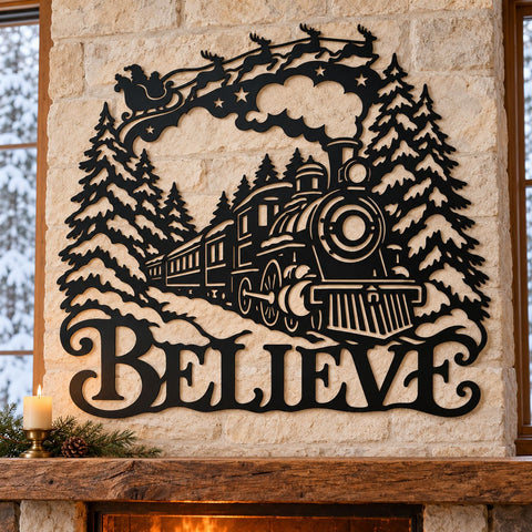Believe Christmas Train Laser SVG | Santa Sleigh DXF | Winter Locomotive Metal Wall Art | Holiday Plasma CNC Cutting File SVG HappyDesignStudio 