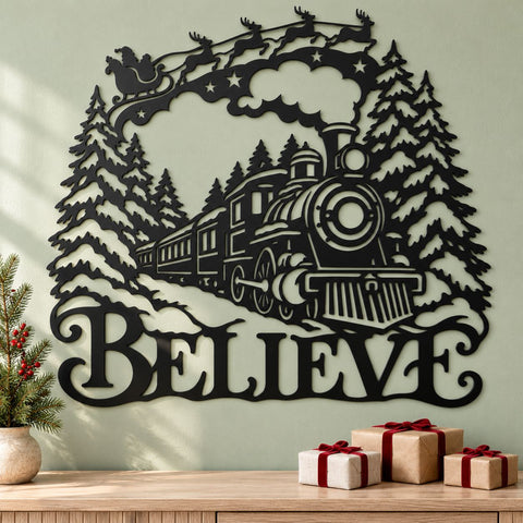 Believe Christmas Train Laser SVG | Santa Sleigh DXF | Winter Locomotive Metal Wall Art | Holiday Plasma CNC Cutting File SVG HappyDesignStudio 