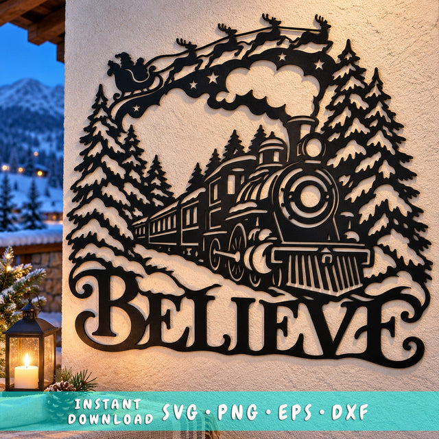 Believe Christmas Train Laser SVG | Santa Sleigh DXF | Winter Locomotive Metal Wall Art | Holiday Plasma CNC Cutting File SVG HappyDesignStudio 
