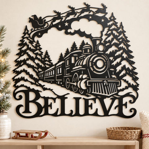 Believe Christmas Train Laser SVG | Santa Sleigh DXF | Winter Locomotive Metal Wall Art | Holiday Plasma CNC Cutting File SVG HappyDesignStudio 