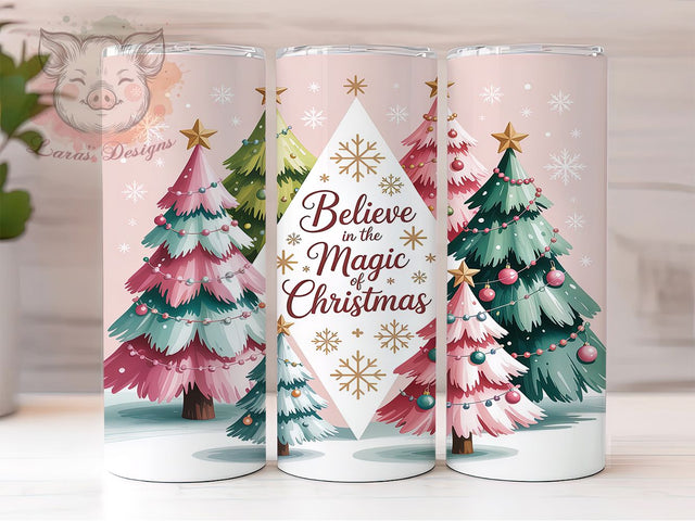 Believe in Magic Christmas Tumbler, Pink Christmas Tree Wrap, Holiday Mug Design, Sublimation Wrap, Festive Drinkware, Believe In Magic, Cute Winter Gift Sublimation Lara' s Designs 