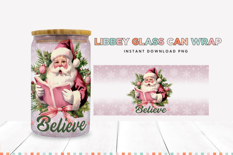 Believe Santa Claus Pink Christmas Glass Can Sublimation PNG Sublimation BijouBay 