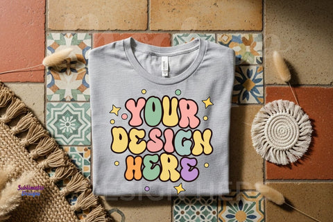 Bella Canvas 3001 Model on Earth Tone Floor Mock Up Photo Sublimatiz Designs 