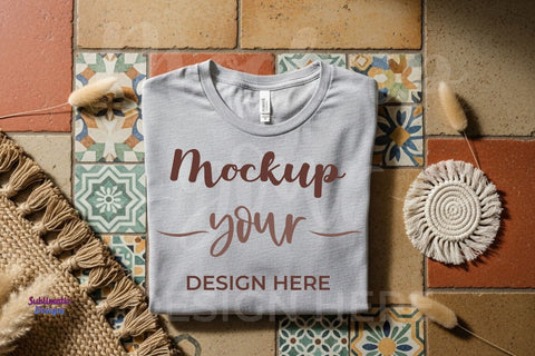 Bella Canvas 3001 Model on Earth Tone Floor Mock Up Photo Sublimatiz Designs 