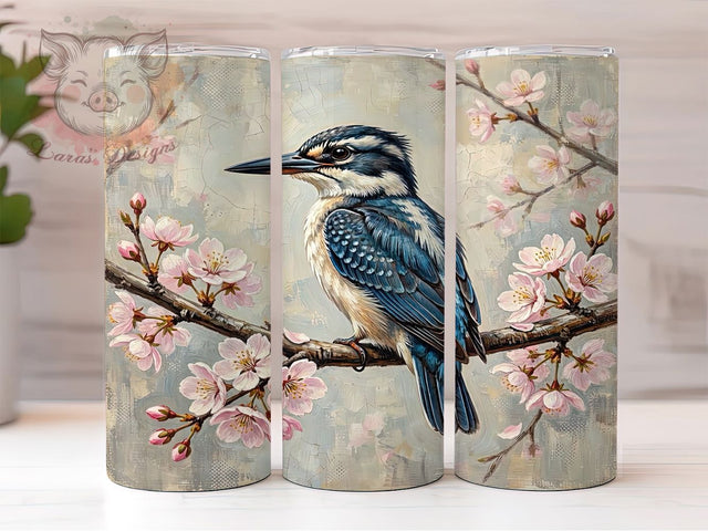 Belted Kingfisher Blossom Bird 20oz Tumbler Wrap, Vintage Birds, Cherry Blossoms, Bird Illustration, Nature Design, 20oz Tumbler Wrap, Sublimation PNG Sublimation Lara' s Designs 