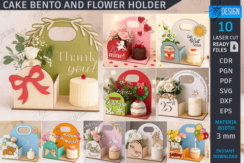 Bento Cake and Flower Holders Laser Cut Bundle | Gift Boxes | Mini Cake Boxes | Bouquet Boxes | Present | Cake Hamper Stands | Flower Boxes with Handle | CNC Files SVG Fly Design 