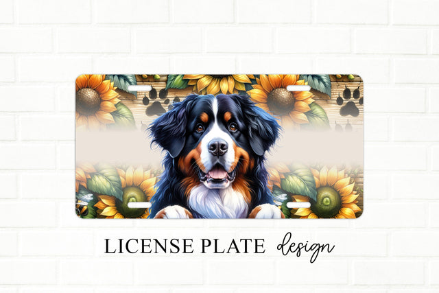 Bernese Mountain Dog With Sunflowers License Plate Design Sublimation BijouBay 