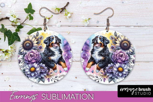 Bernese Mountain Earrings - Dog Mom Floral Round Earring Sublimation Sublimation OrangeBrushStudio 