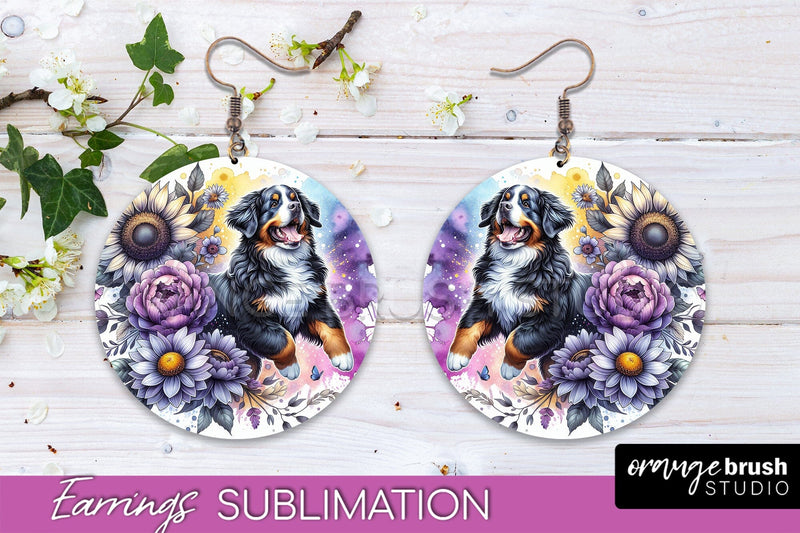 Bernese Mountain Earrings - Dog Mom Floral Round Earring Sublimation Sublimation OrangeBrushStudio 