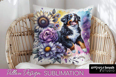 Bernese Mountain Pillow Cover - Dog Mom Floral Pillow Sublimation Sublimation OrangeBrushStudio 