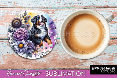 Bernese Mountain Round Coaster - Dog Mom Floral Coaster Sublimation Sublimation OrangeBrushStudio 