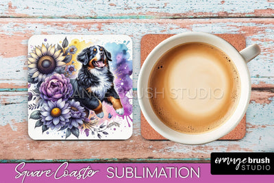 Bernese Mountain Square Coaster - Dog Mom Floral Coaster Sublimation Sublimation OrangeBrushStudio 