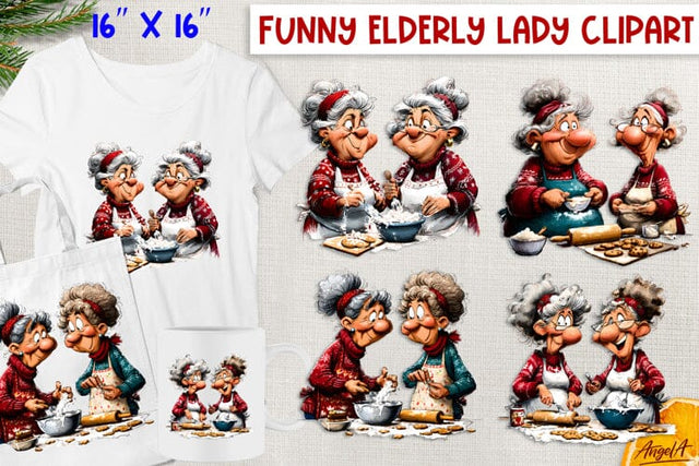 Best friends clipart funny elderly old lady cooking Humor Sublimation Angelina Semenova 