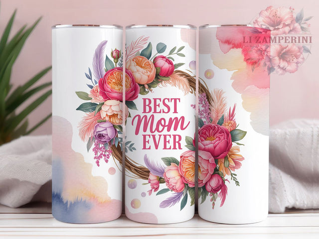 Best Mom Ever Floral Wreath 20oz Tumbler, Floral Wreath, Blooming Flowers, Pastel Leaves, Feather Accents, Skinny Tumbler, Sublimation PNG Sublimation Li Zamperini 
