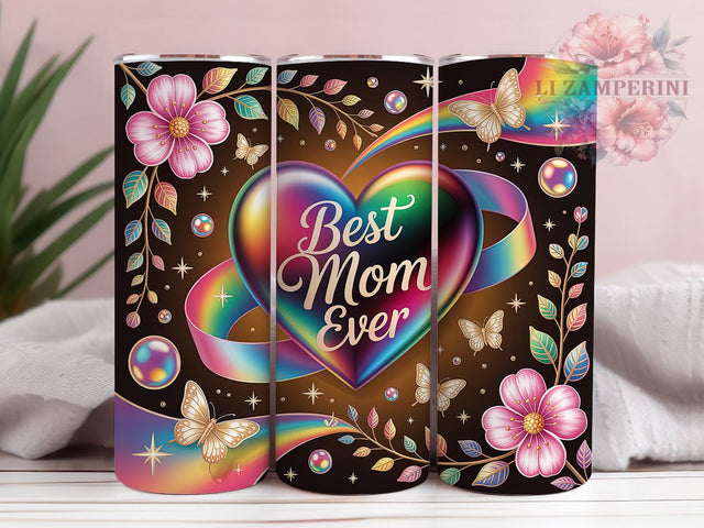Best Mom Ever Rainbow Heart 20oz Tumbler Wrap, Rainbow Heart, Iridescent Design, Mother’s Day, Mom Gift, 20oz Tumbler Wrap, Sublimation PNG Sublimation Li Zamperini 