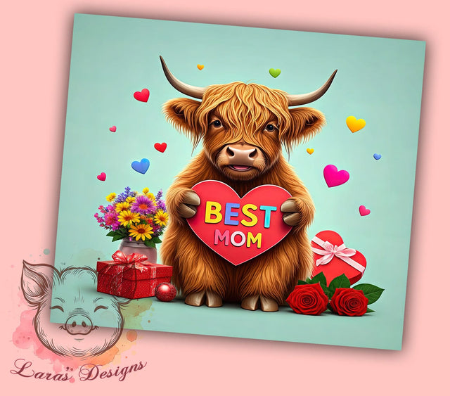 Best Mom Highland Cow 20oz Tumbler, Highland Cow Tumbler, 20oz Tumbler Wrap, Sublimation Design, Mother's Day Gift, Cow Print Tumbler, Cute Cow Tumbler Sublimation Lara' s Designs 