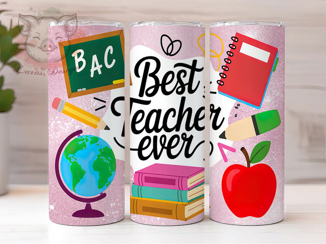 Best Teacher Pink Glitter 20oz Tumbler, Best Teacher Ever, Pink Glitter Tumbler, Teacher Gift, 20oz Tumbler Wrap, Glitter Design, Teacher Appreciation, School Tumbler Sublimation Lara' s Designs 