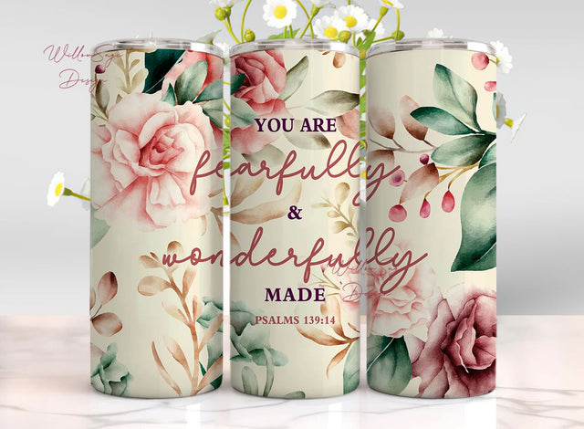 Bible Psalm Fearfully and Wonderfully Made, Cross flower png, Christian Sublimation Design, 20 oz Tumbler Sublimation WillowSageDesign 