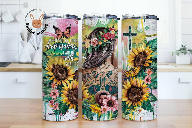 Bible Verse 20oz Skinny Floral Tumbler Wrap, Christian Tumbler Sunflowers Design, Religious Tumbler PNG, Faith Tattoo Girl Flowers Download Sublimation Rabbitmakies 