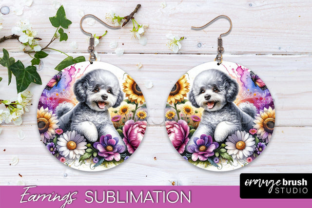 Bichon Frise Earrings - Dog Mom Floral Round Earring Sublimation Sublimation OrangeBrushStudio 