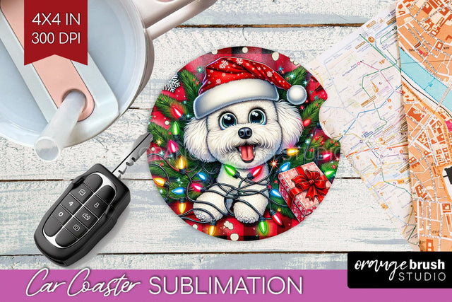 Bichon Frise Funny Christmas Dog Car Coaster Sublimation OrangeBrushStudio 