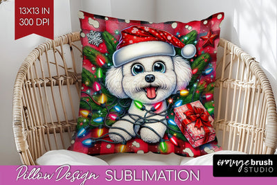 Bichon Frise Funny Christmas Dog Pillow Cover Sublimation OrangeBrushStudio 