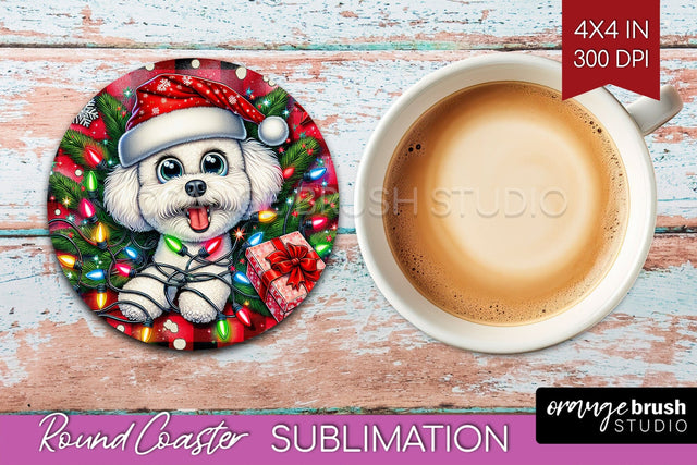 Bichon Frise Funny Christmas Dog Round Coaster Sublimation OrangeBrushStudio 